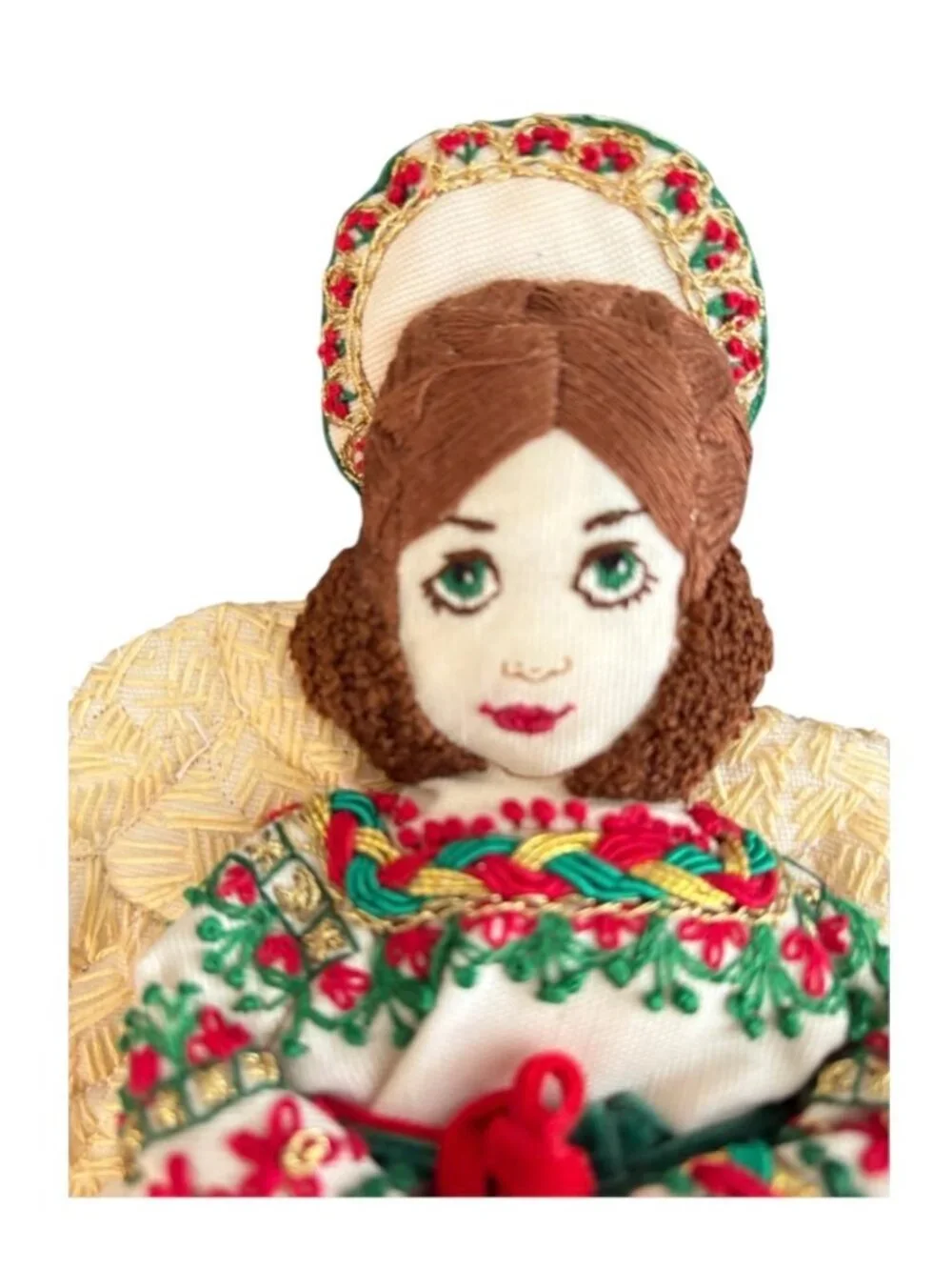 Vtg Folk Art Christmas Angel Tree Topper Embroidered Face And Clothing 11
